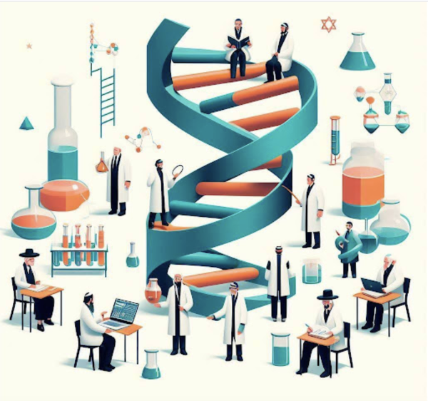 Illustration of Jewish scholars examining a DNA strand. This image was created with the assistance of AI.